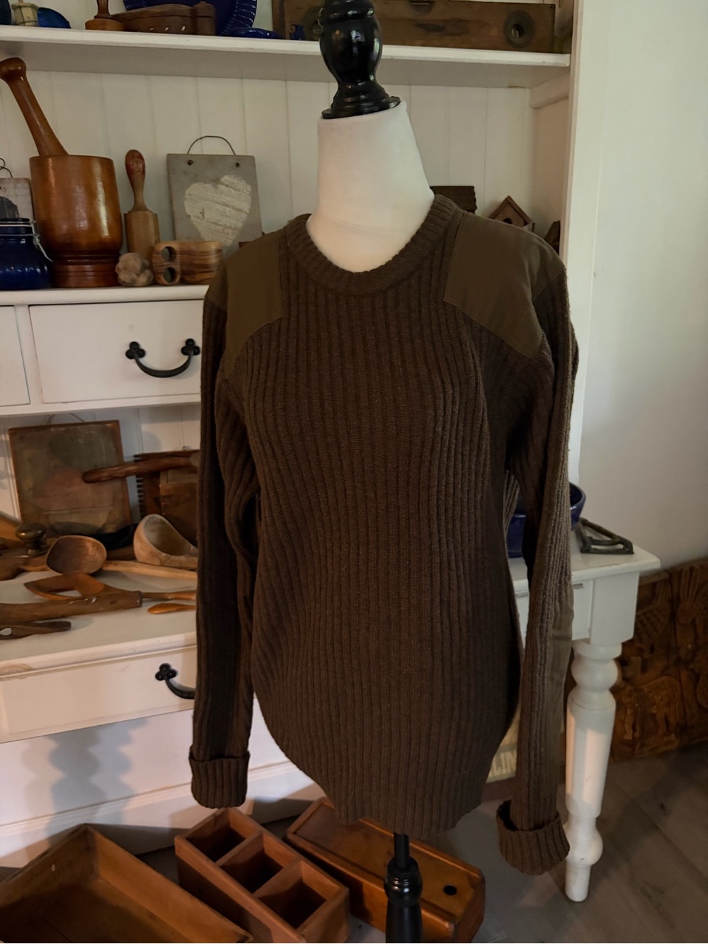 L.L. Bean Brown Crewneck Ribbed Sweater with Reinforced Shoulders And Elbows